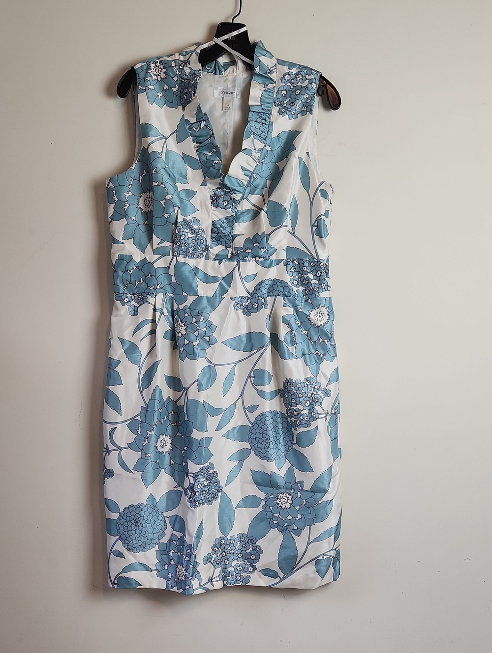 dressbarn White and Blue Floral Ruffle V-Neck Midi Dress 14